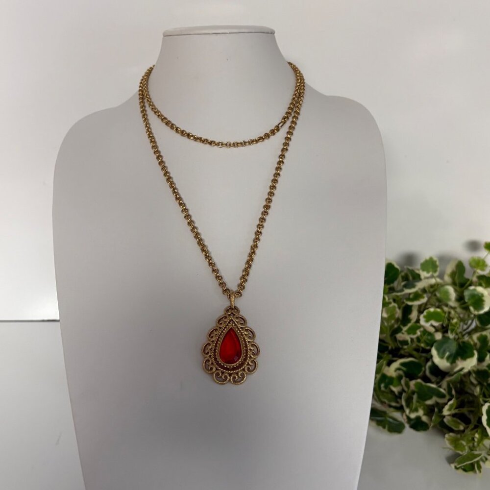 Long Gold Tone Necklace Orange Teardrop Pendant Ornate Filigree Design Jewelry